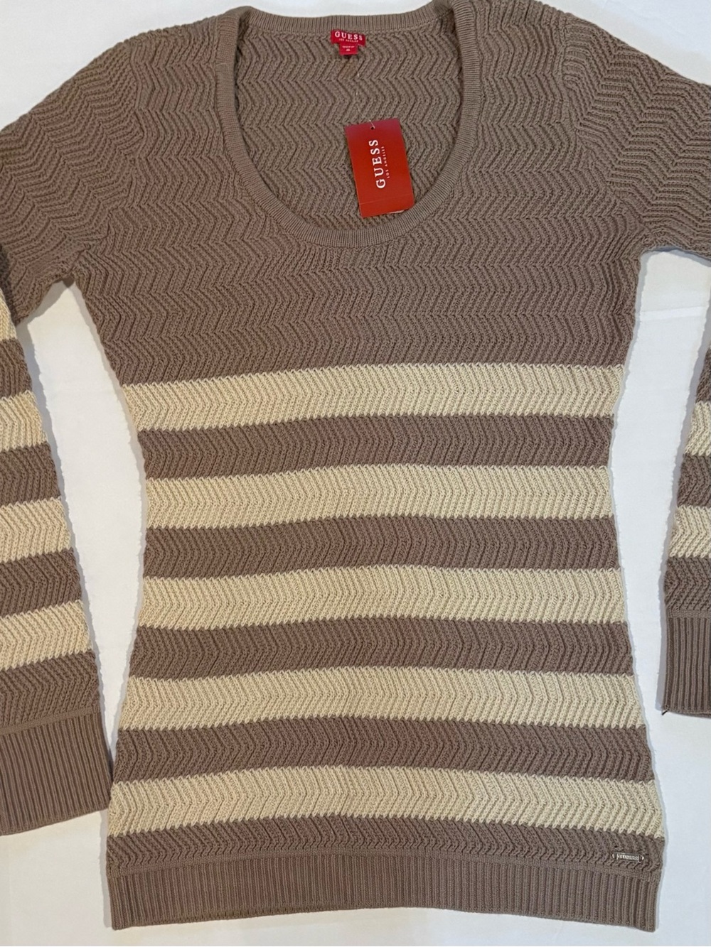 GUESS Glenn Stripe Tan & Beige Scoop Neck Chevron Knit Sweater Y2K